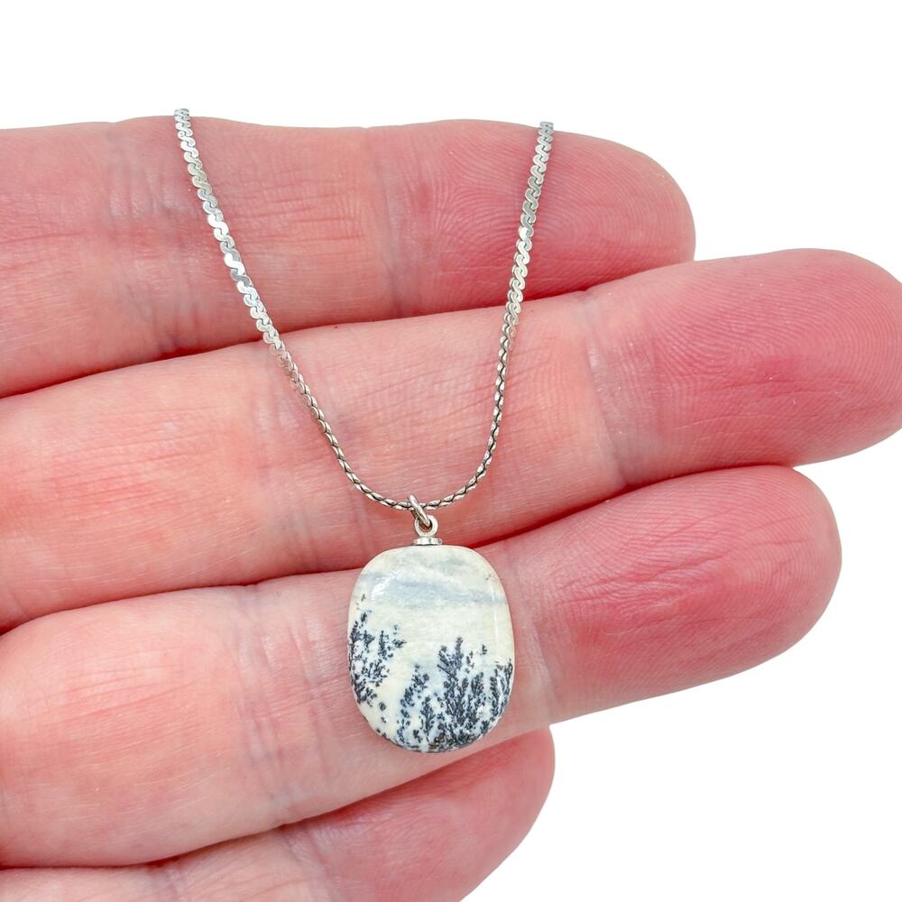 Vintage Sterling Silver 925 Dendritic Agate Pendant 16"